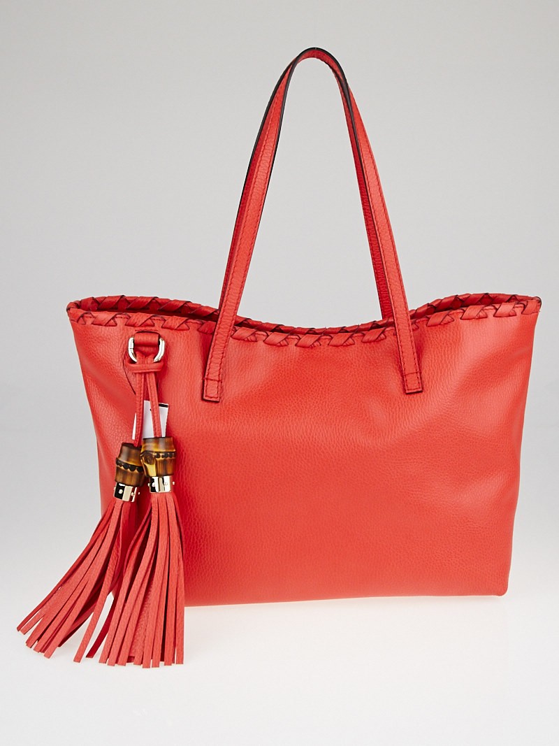 Gucci Red Pebbled Leather Bamboo Tassel Tote Bag