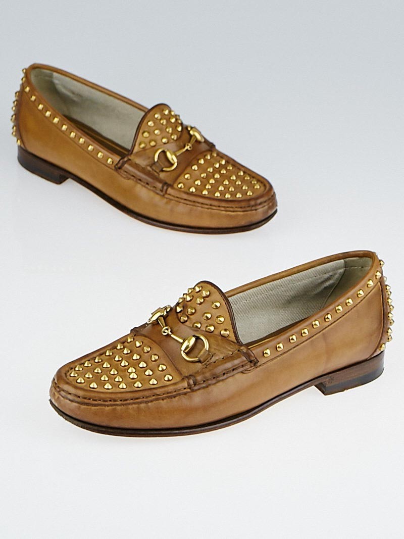 Gucci Brown Leather Studded Horsebit Loafers Size 3.5 34