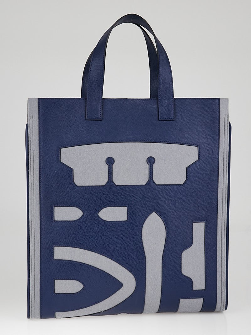 Hermes Grey Blue Obscur Epsom Leather and Wool Petit H Skeleton Vertical Tote Bag