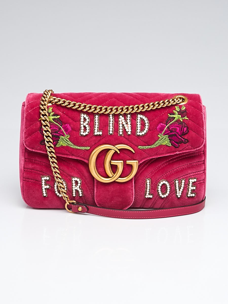 Gucci Pink Quilted Velvet Embroidered Blind for Love Medium Marmont Bag