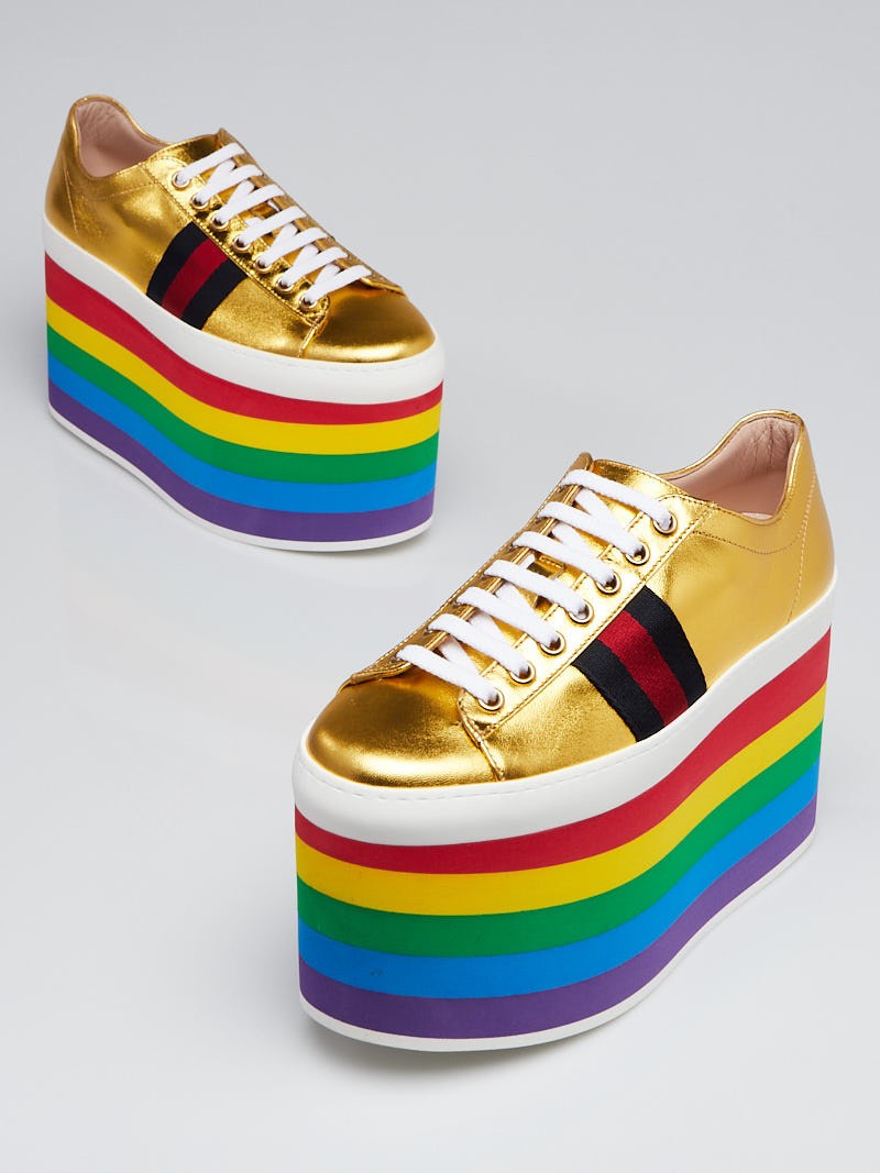 Gucci Gold Metallic Leather Platform PeGGy Sneakers Size 5.5 36