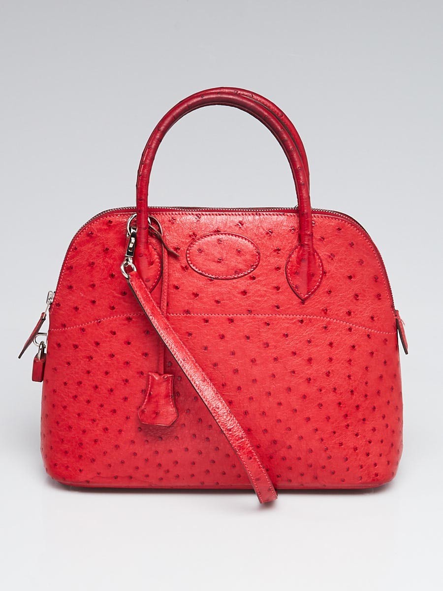 Hermes 31cm Rouge Vif Ostrich Palladium Plated Bolide Bag