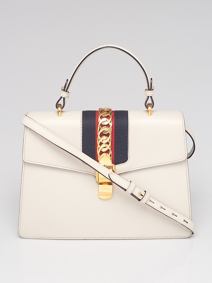 Gucci White Smooth Leather Calfskin Leather Vintage Web Medium Sylvie Shoulder Bag