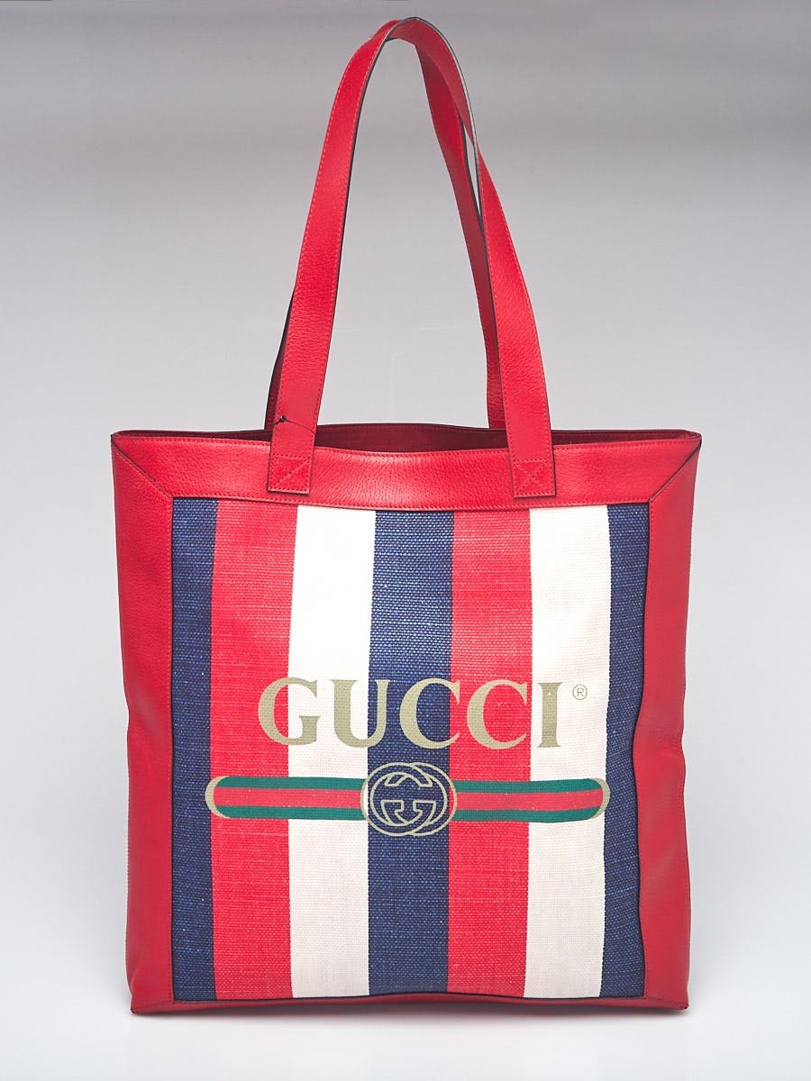 Gucci Red Cream Blue Striped Linen and Leather Logo Tote Bag