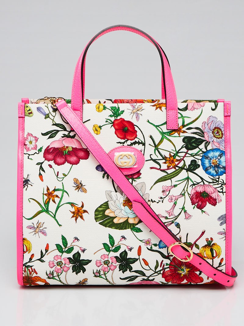 Gucci Pink Leather Multicolor Floral Canvas Small Flora Tote Bag