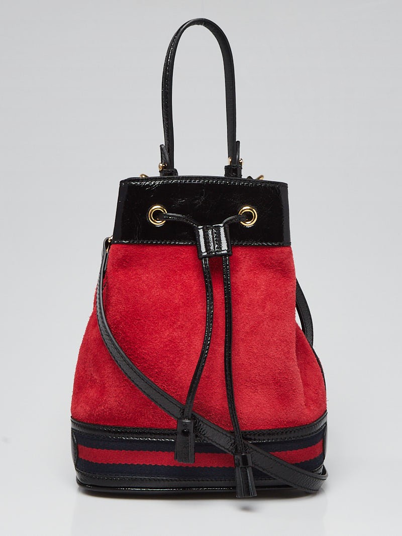 Gucci Red Suede Black Patent Leather Ophidia Small Bucket Bag
