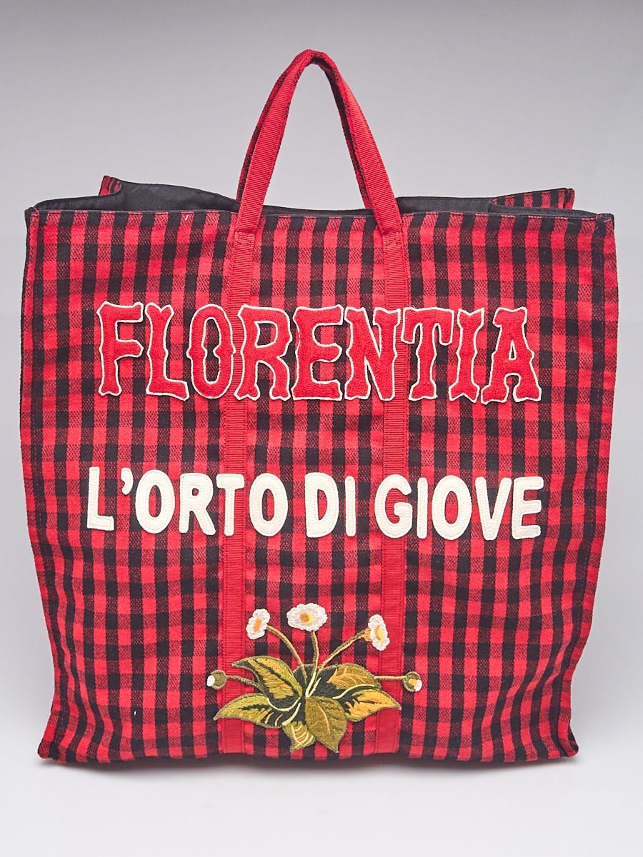 Gucci Red Black Plaid Wool Florentina Tote Bag