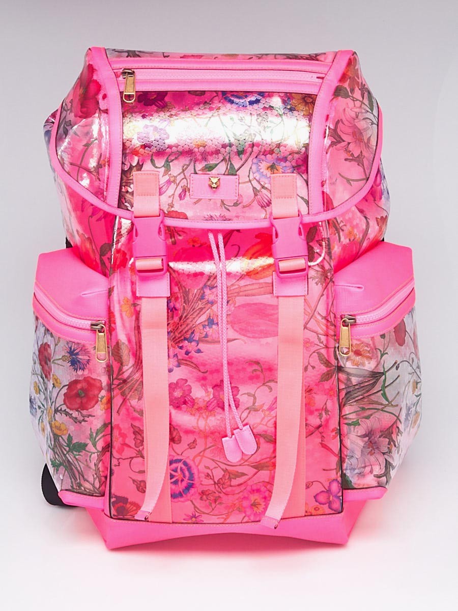 Gucci Pink Leather Clear PVC Floral Print XL Backpack Bag