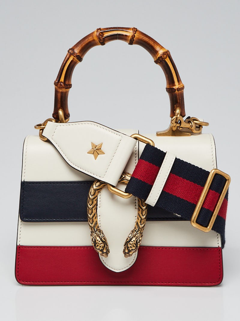 Gucci White Blue Red Striped Leather Dionysus XS Top Handle Bag