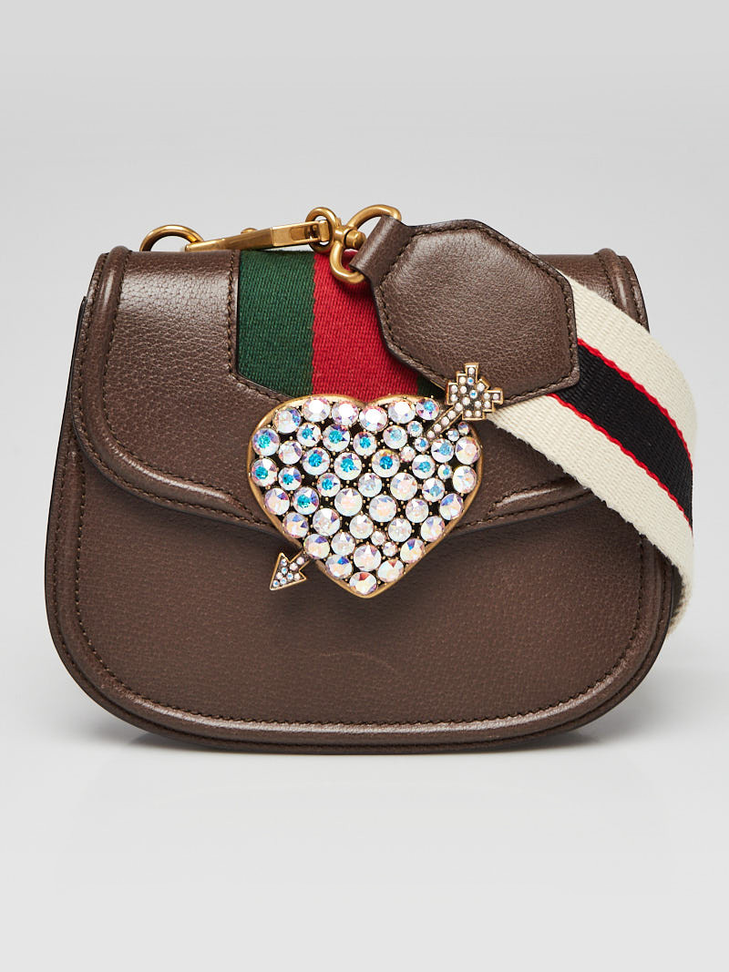 Gucci Brown Leather Crystal Heart Linea Totem Shoulder Bag