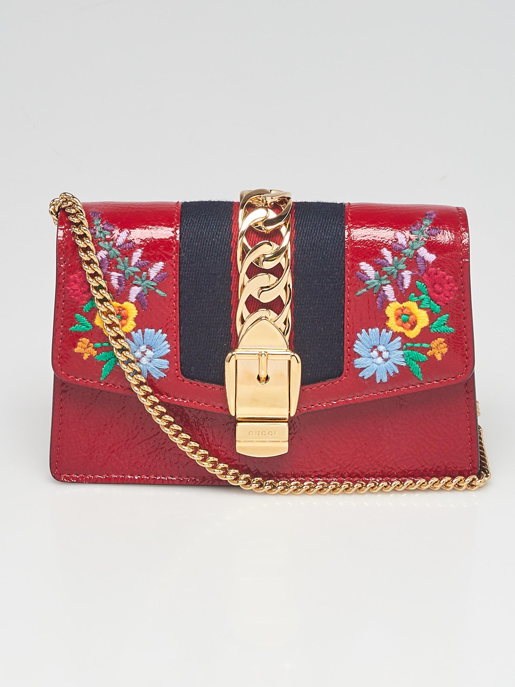 Gucci Red Patent Leather Floral Embroidered Super Mini Sylvie Crossbody Bag