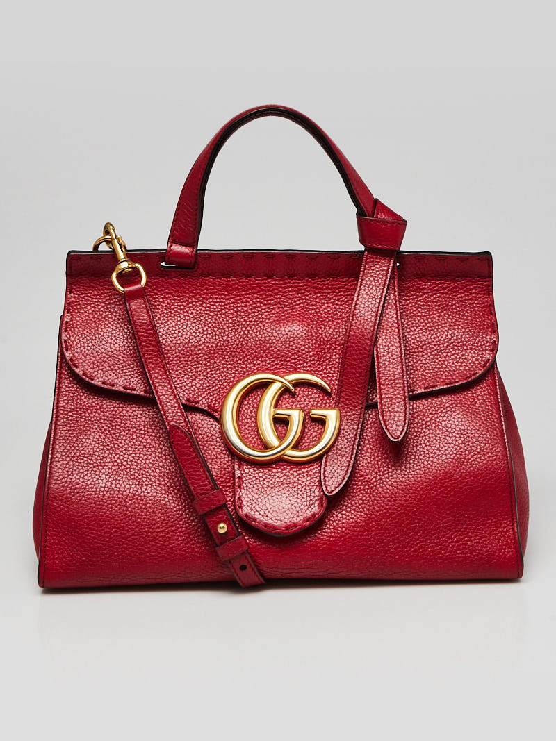 Gucci Red Pebbled Leather Marmont Top Handle Bag