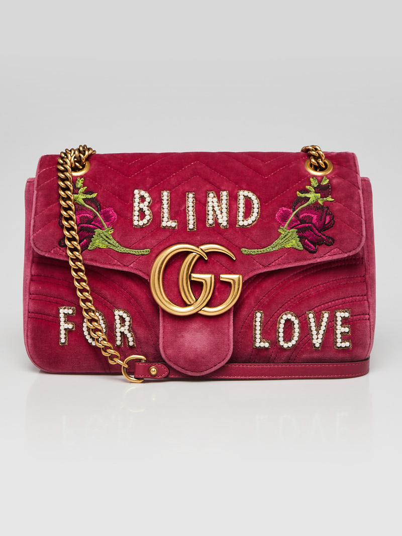 Gucci Pink Quilted Velvet Embroidered Blind for Love Medium Marmont Bag