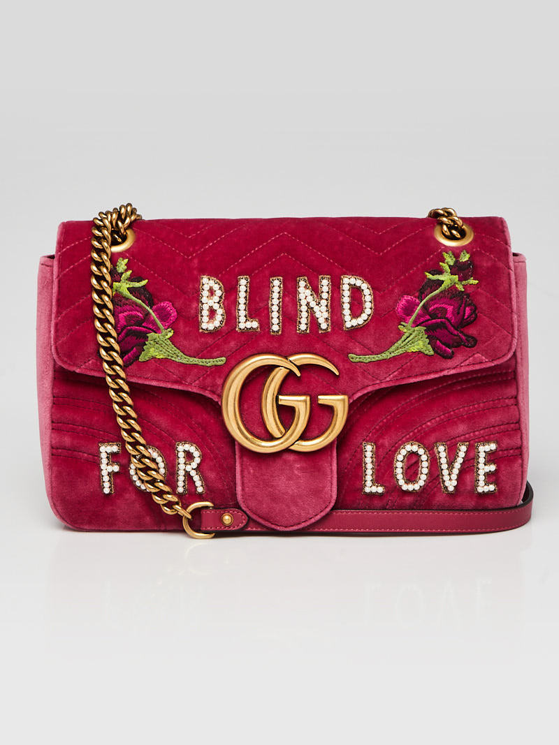 Gucci Pink Quilted Velvet Embroidered Blind for Love Medium Marmont Bag