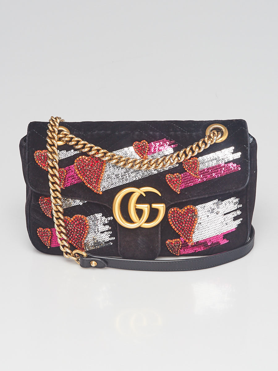 Gucci Limited Edition Black Quilted Velvet GG Marmont Small Heart Sequin Shoulder Bag