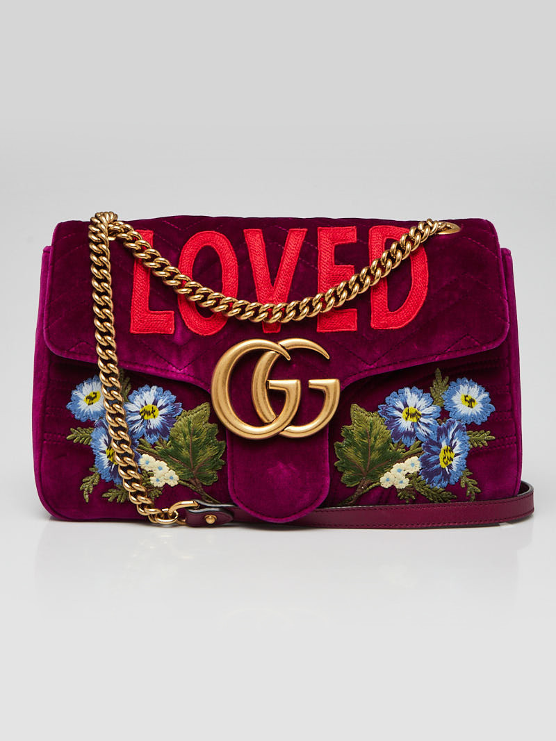 Gucci Purple Quilted Velvet Embroidered LOVED Medium Marmont Bag