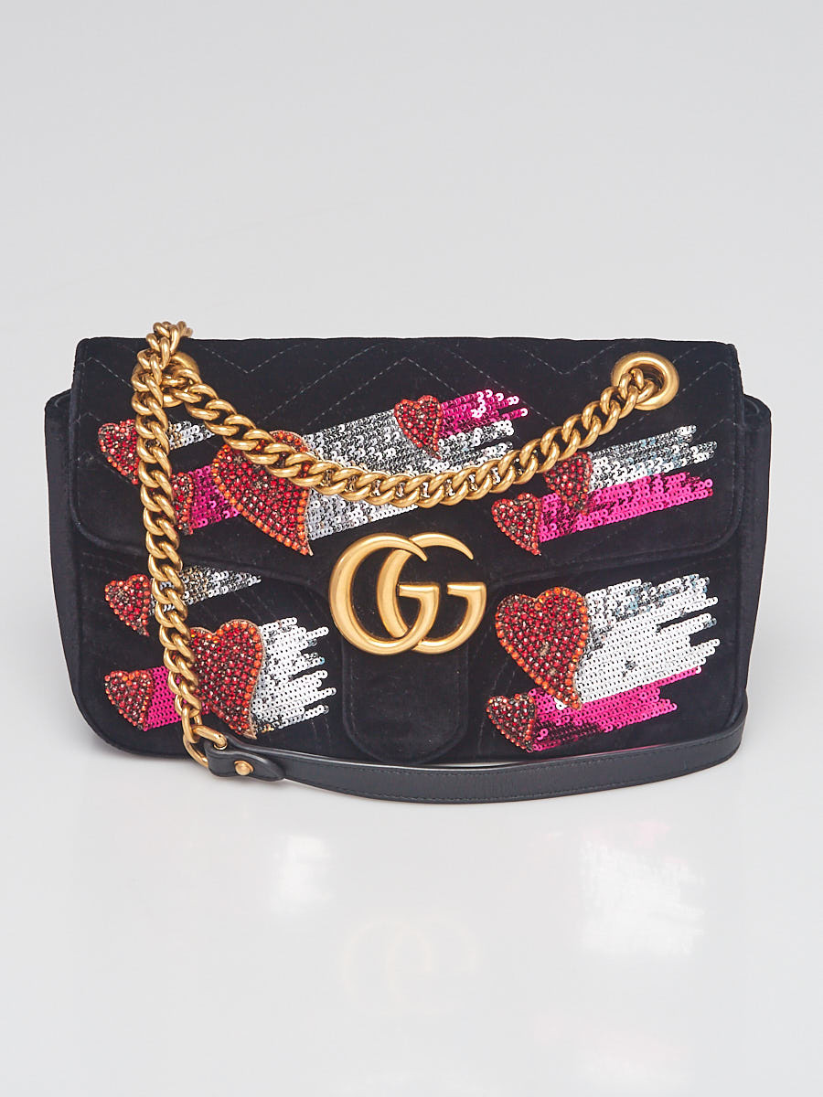 Gucci Limited Edition Black Quilted Velvet GG Marmont Small Heart Sequin Shoulder Bag