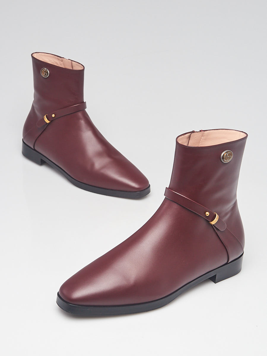 Gucci Burgundy Smooth Leather Double G Strap Ankle Boots Size 7.5 38