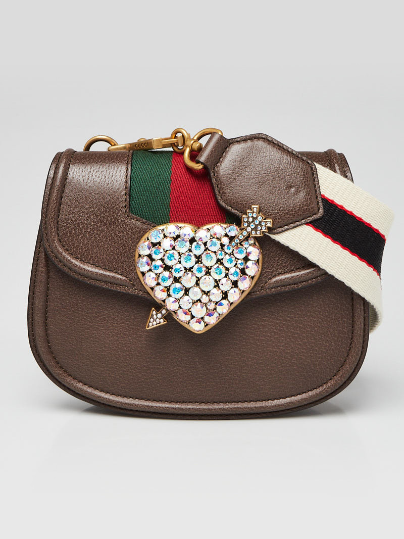 Gucci Brown Leather Crystal Heart Linea Totem Shoulder Bag