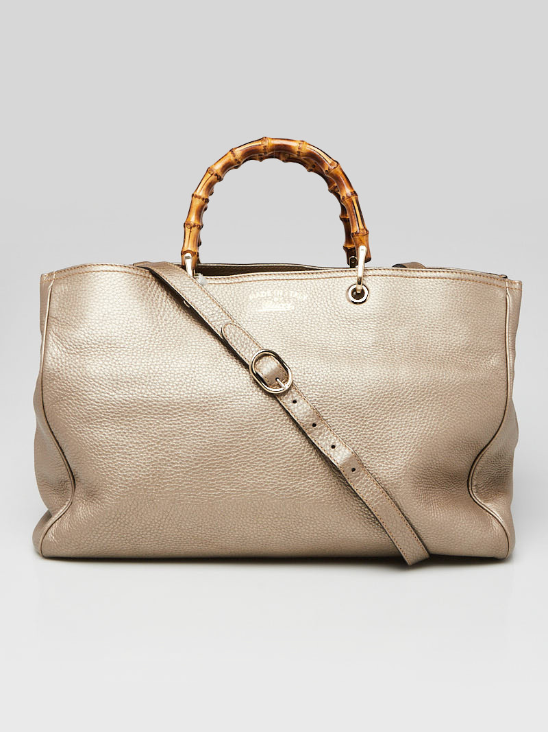 Gucci Gold Pebbled Leather Bamboo Top Handle Large Tote Bag