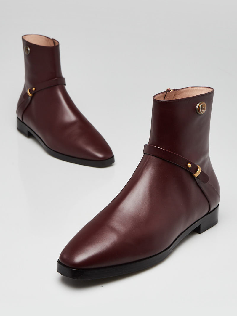 Gucci Burgundy Smooth Leather Elite GG Ankle Boots Size 8 38.5