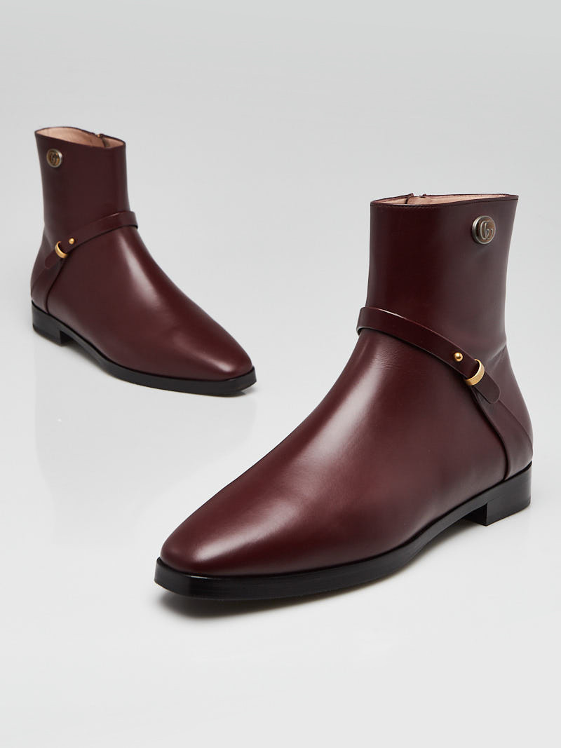 Gucci Burgundy Smooth Leather Elite GG Ankle Boots Size 7.5 38