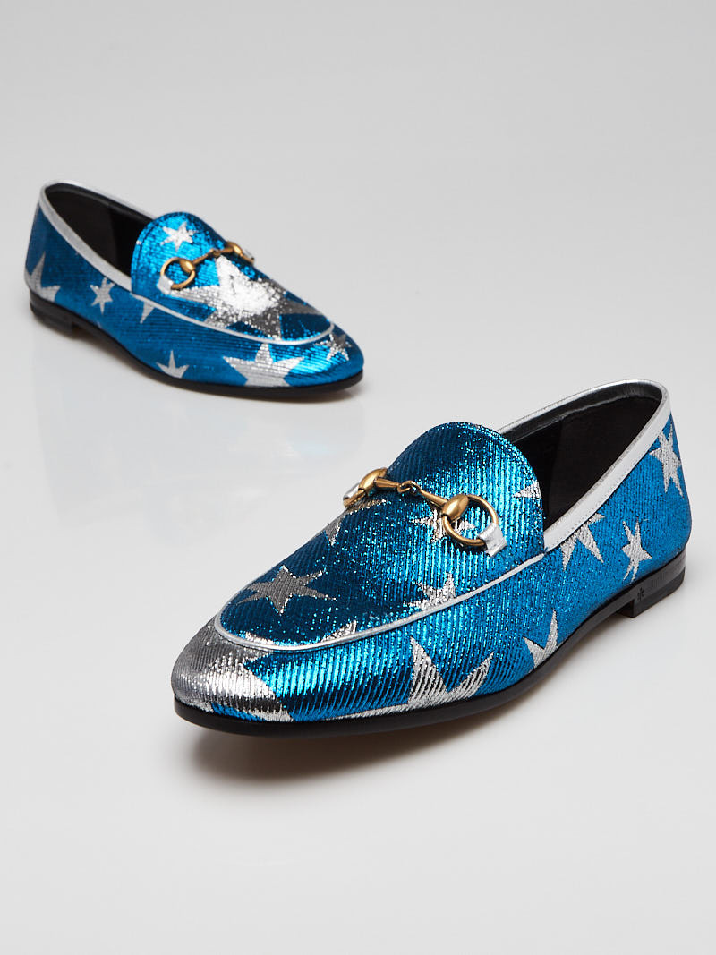 Gucci Blue Silver Starry Sky Print Lurex Jordaan Loafers Size 6 36.5