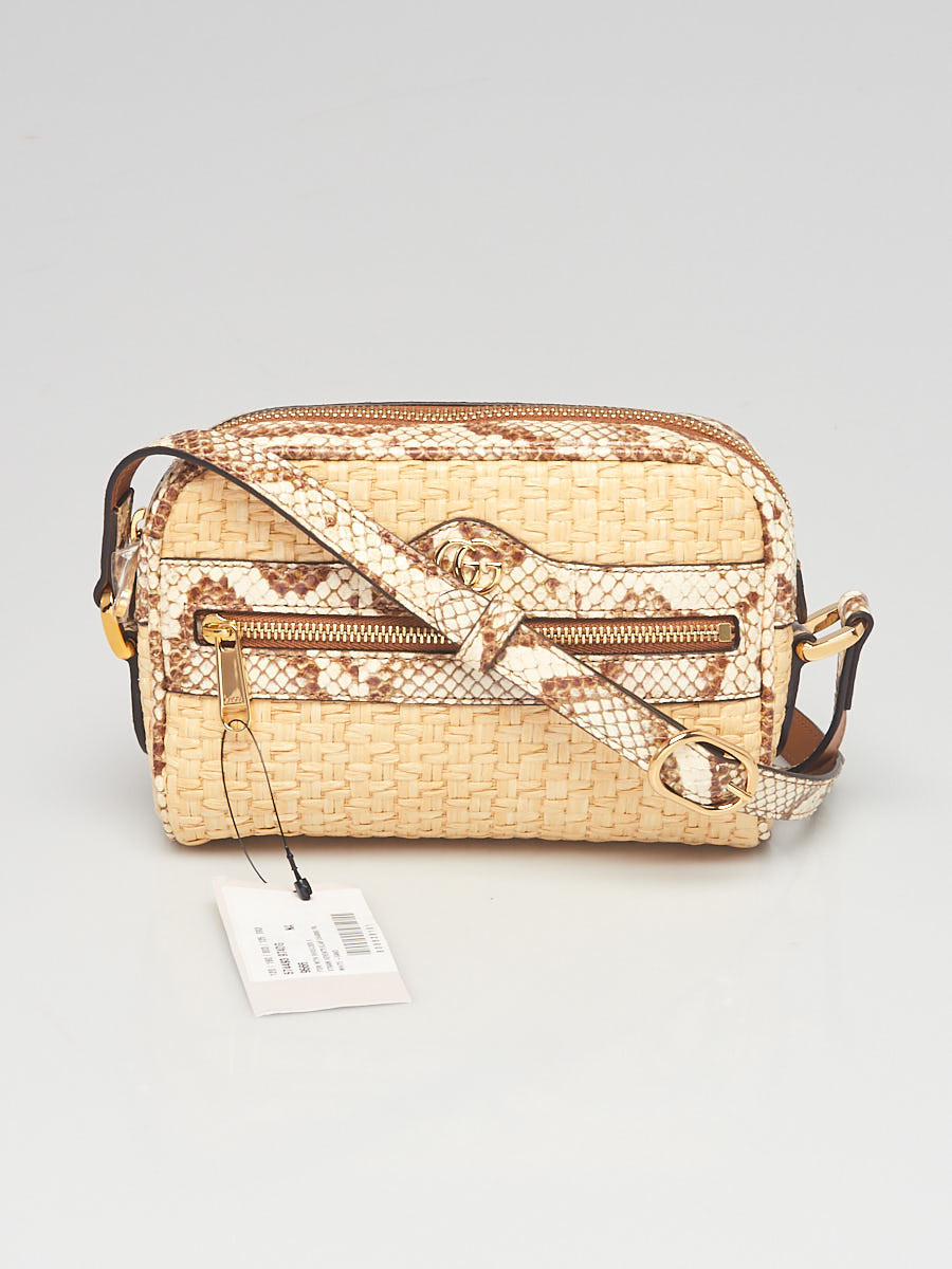 Gucci Woven Raffia and Brown Watersnake Mini Ophidia Crossbody Bag