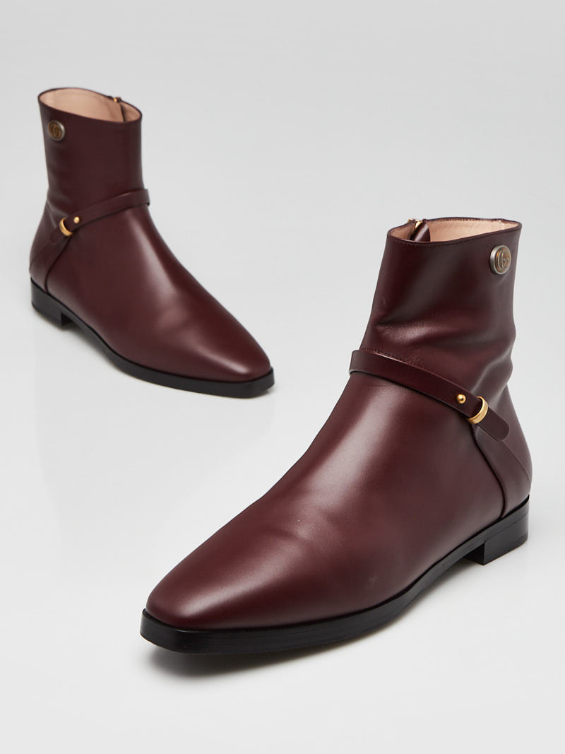 Gucci Burgundy Smooth Leather Elite GG Ankle Boots Size 8.5 39