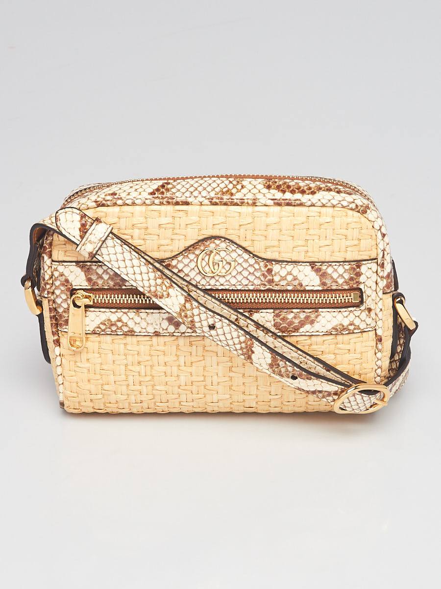 Gucci Woven Raffia and Brown Watersnake Mini Ophidia Crossbody Bag