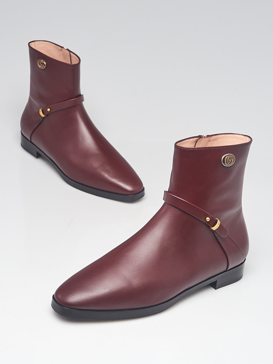 Gucci Burgundy Smooth Leather Elite GG Ankle Boots Size 8 38.5