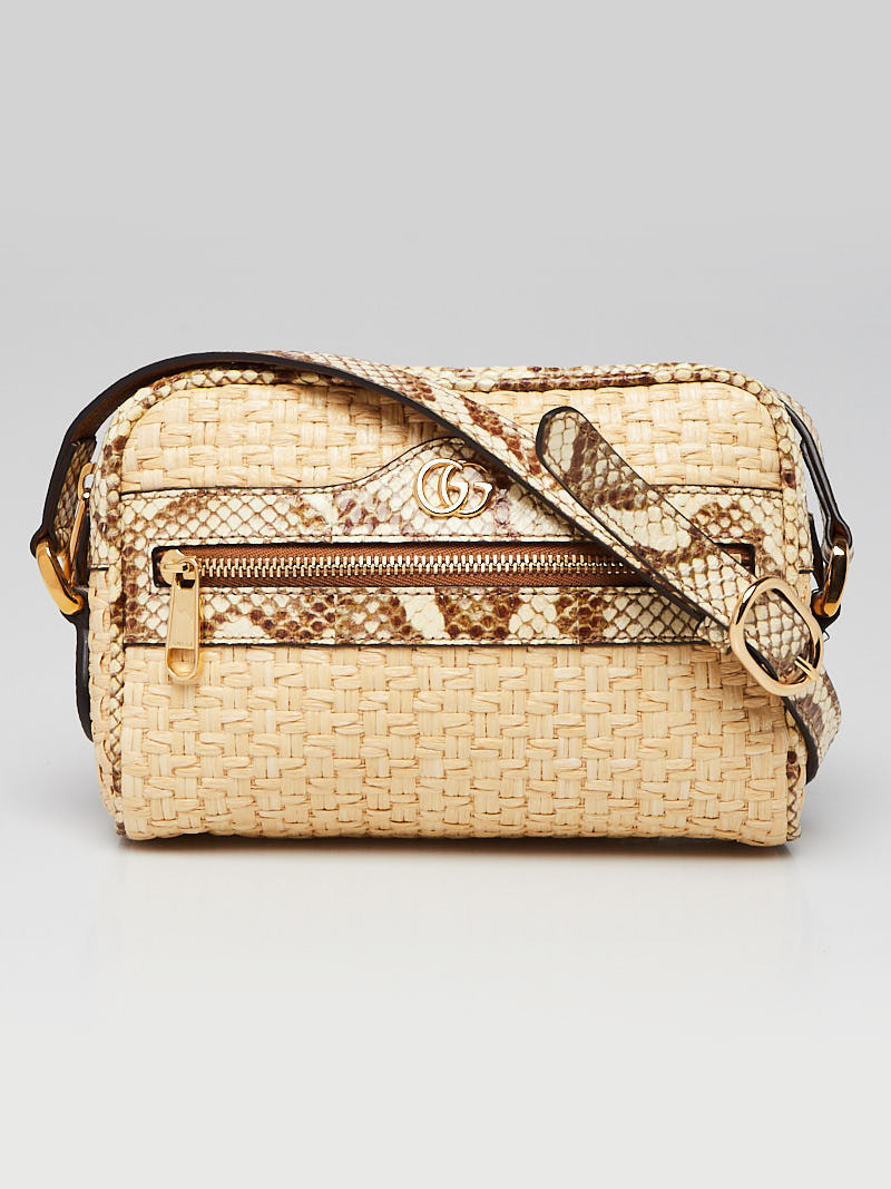 Gucci Woven Raffia and Brown Watersnake Mini Ophidia Crossbody Bag