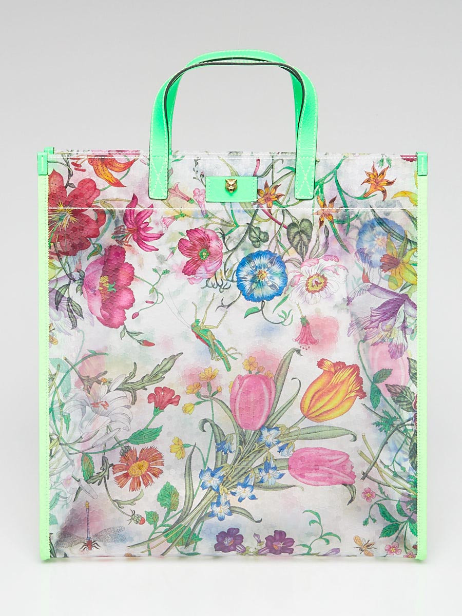 Gucci Green Leather Floral Vinyl  Tote Bag