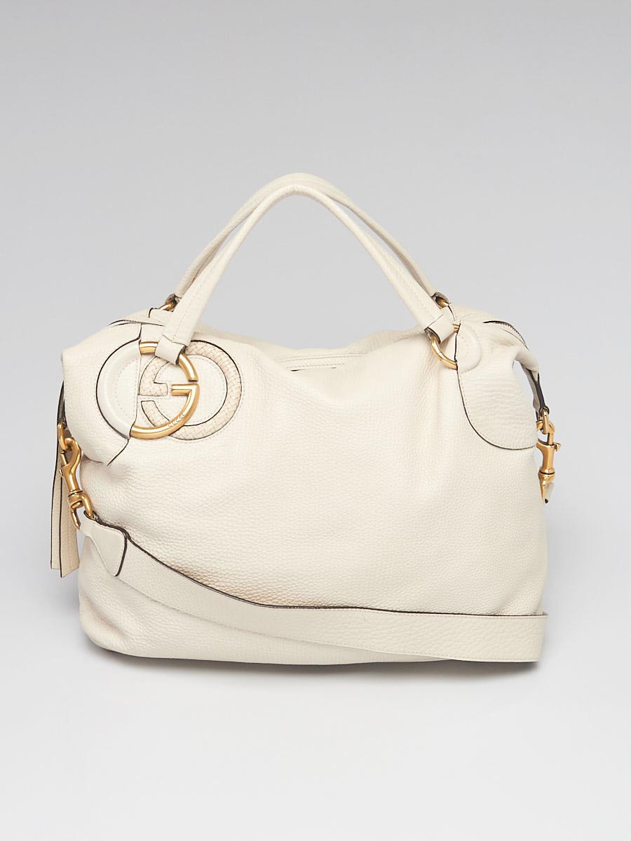 Gucci White Pebbled Leather Twill Top Handle Bag