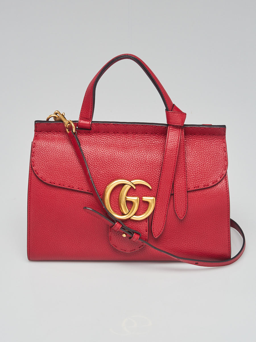 Gucci Red Pebbled Leather Marmont Top Handle Bag