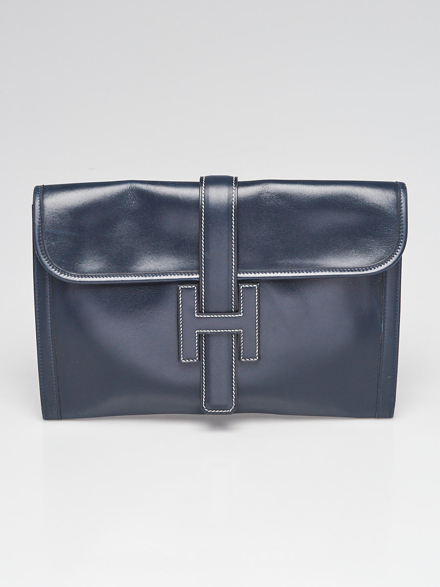 Hermes Navy Blue Box Leather Jige PM Clutch Bag