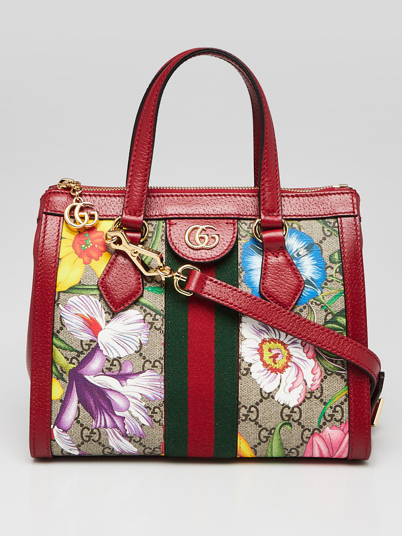 Gucci Red Leather GG Flora Coated Canvas Ophidia Small Tote Bag