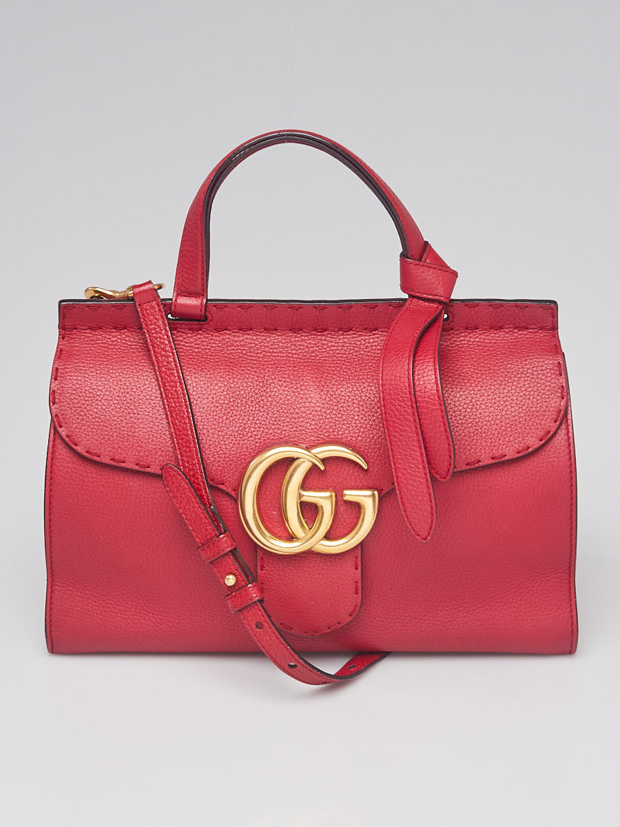 Gucci Red Pebbled Leather Marmont Top Handle Bag