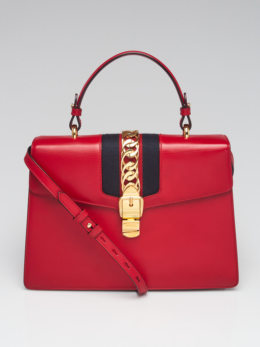 Gucci Red Leather Calfskin Leather Vintage Web Medium Sylvie Shoulder Bag
