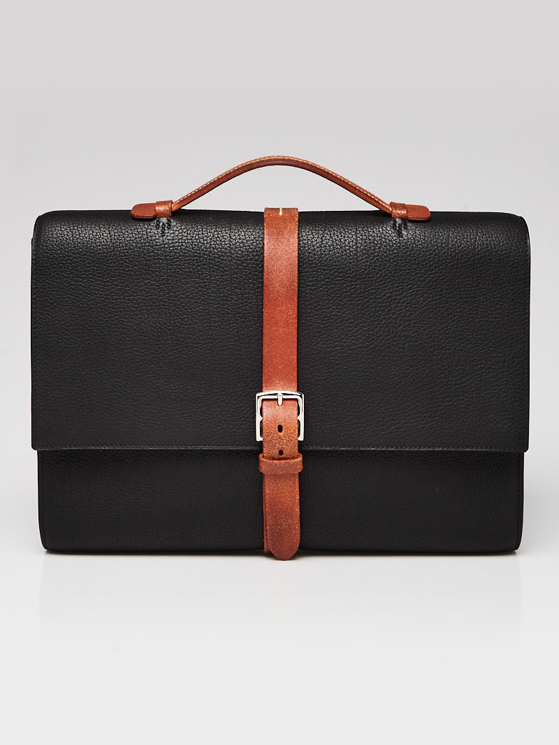 Hermes 38cm Black Fjord Leather Palladium Plated Etriviere Meeting Briefcase Bag