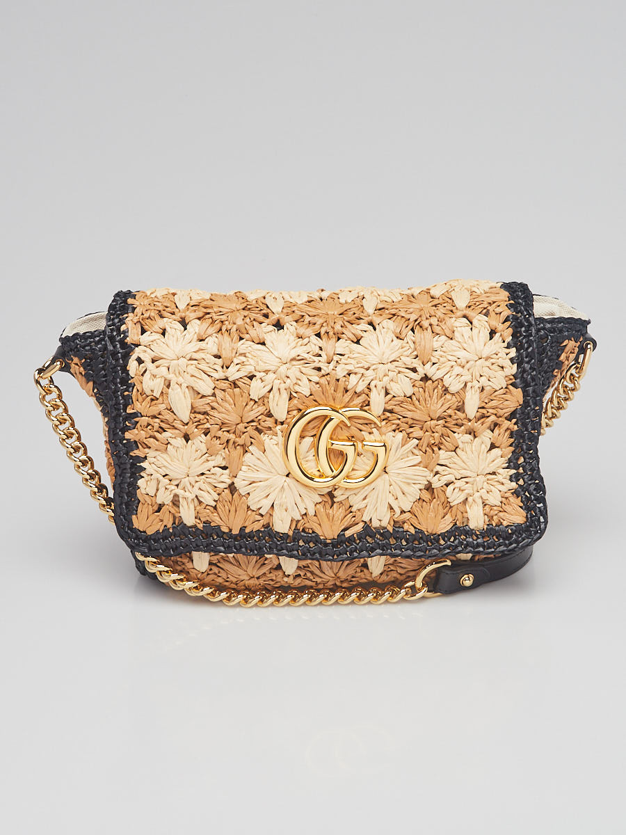 Gucci Brown Black Raffia GG Marmont Small Shoulder Bag