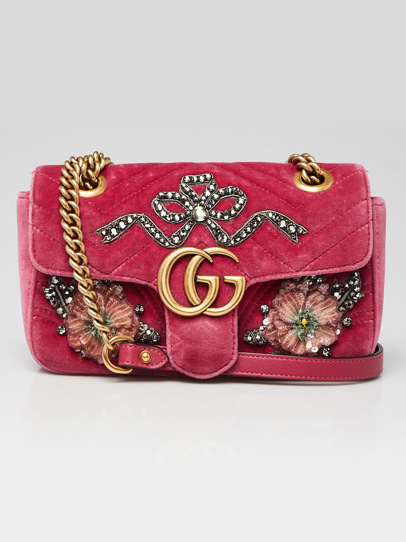 Gucci Pink Quilted Velvet Embellished GG Marmont Mini Crossbody Bag