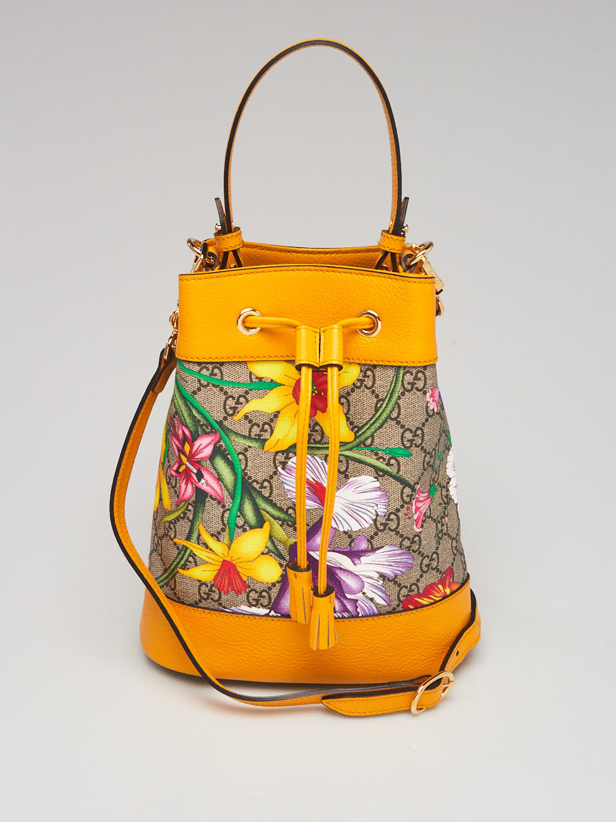 Gucci Yellow Leather Flora Printed GG Supreme Canvas Small Ophidia Bucket Bag