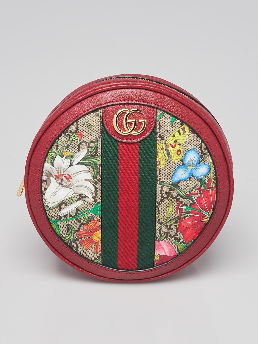 Gucci Red Leather GG Flora Coated Canvas Ophidia Round Mini Bag