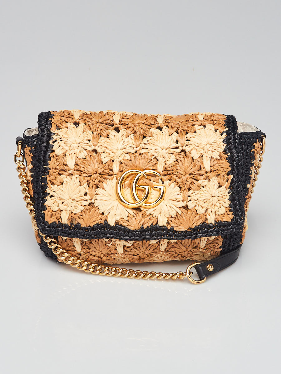 Gucci Brown Black Woven Floral Raffia GG Marmont Small Shoulder Bag
