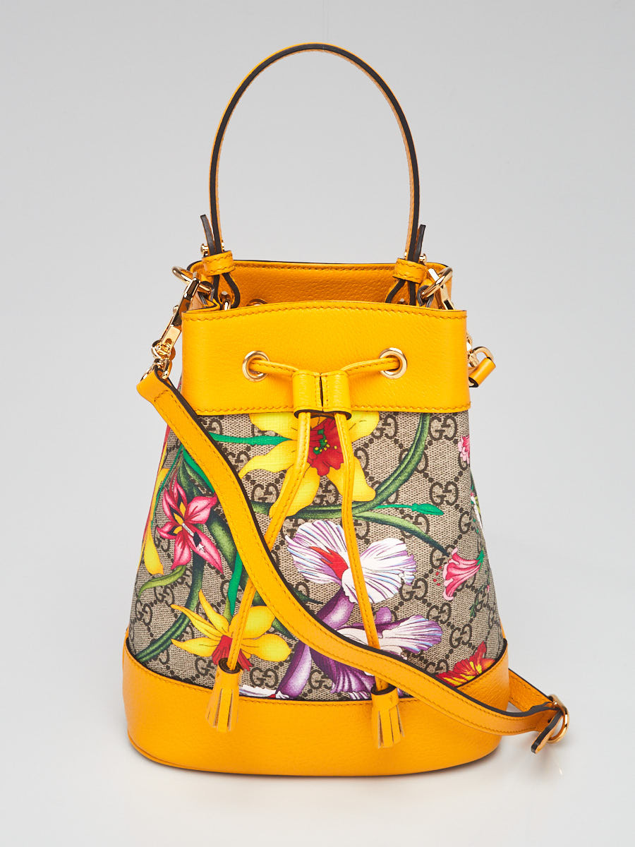 Gucci Yellow Leather Flora Printed GG Supreme Canvas Small Ophidia Bucket Bag