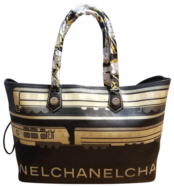 Chanel Bag Central Station Pattern Black Light Beige PvcLeather Tote