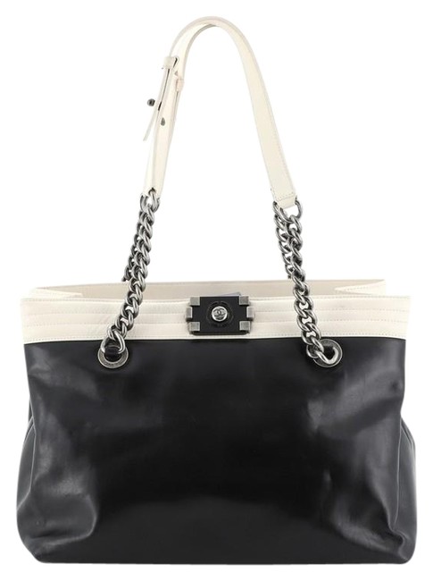 Chanel Bag Shopping Boy Glazed Calfskin Small Black White Leather Tote