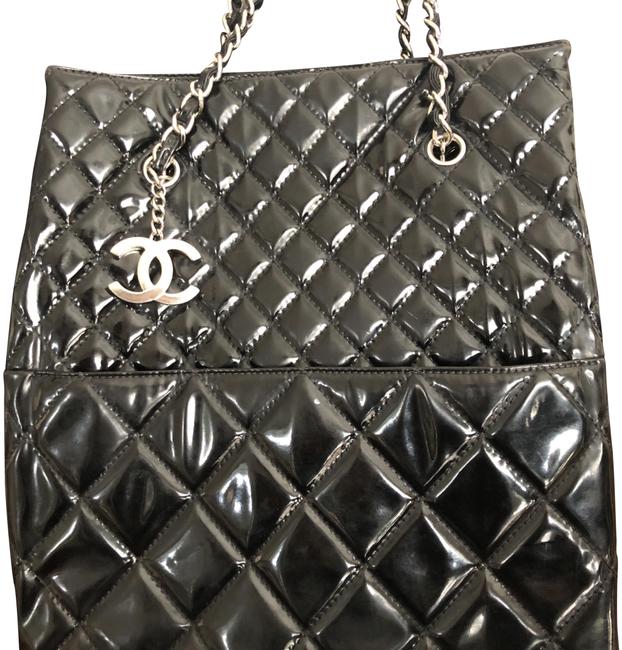 Chanel Black with Silver Chain Straps and Silver Cc Charm. Patent Leather Tote