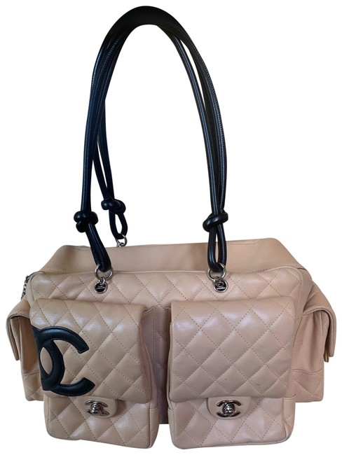 Chanel Classic Beige  Black Leather Tote